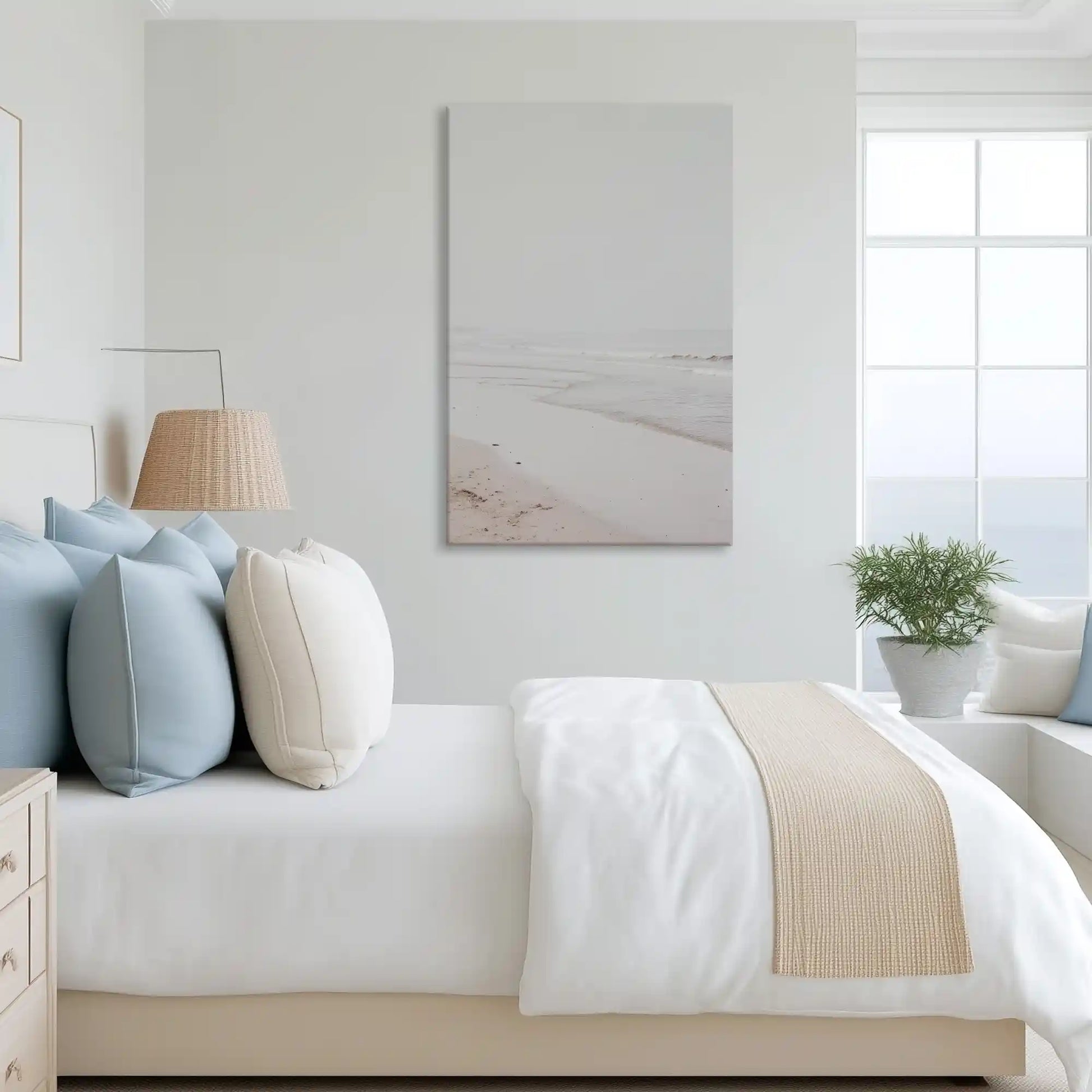 Soft neutral coastal canvas art complementing Scandinavian-inspired decor with gentle tones