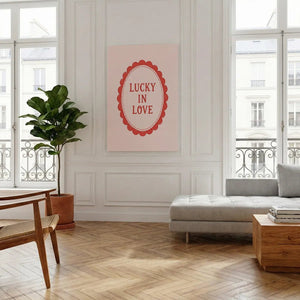 Canvas wall art print with cheerful red typography and a retro frame design on a soft pink background