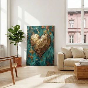 Modern canvas art depicting a metallic gold heart on a distressed teal and copper surface with bold abstract styling.