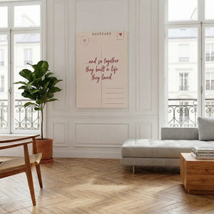 Vertical canvas art with warm, muted colors and a centered romantic quote framed by postcard graphics.
