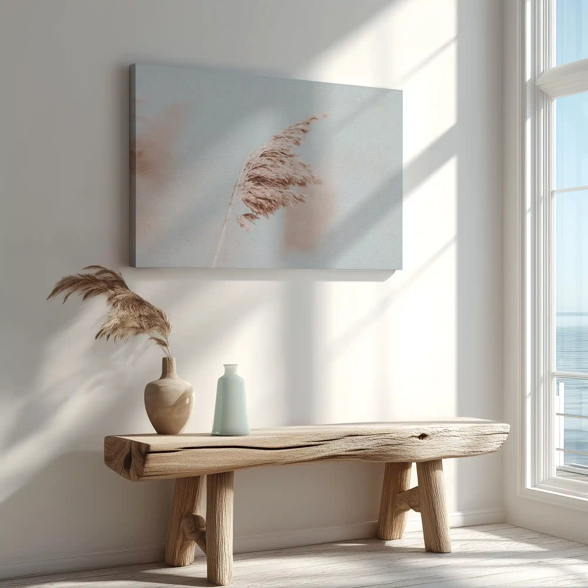 Textured surfer on beach canvas art complementing light modern interiors
