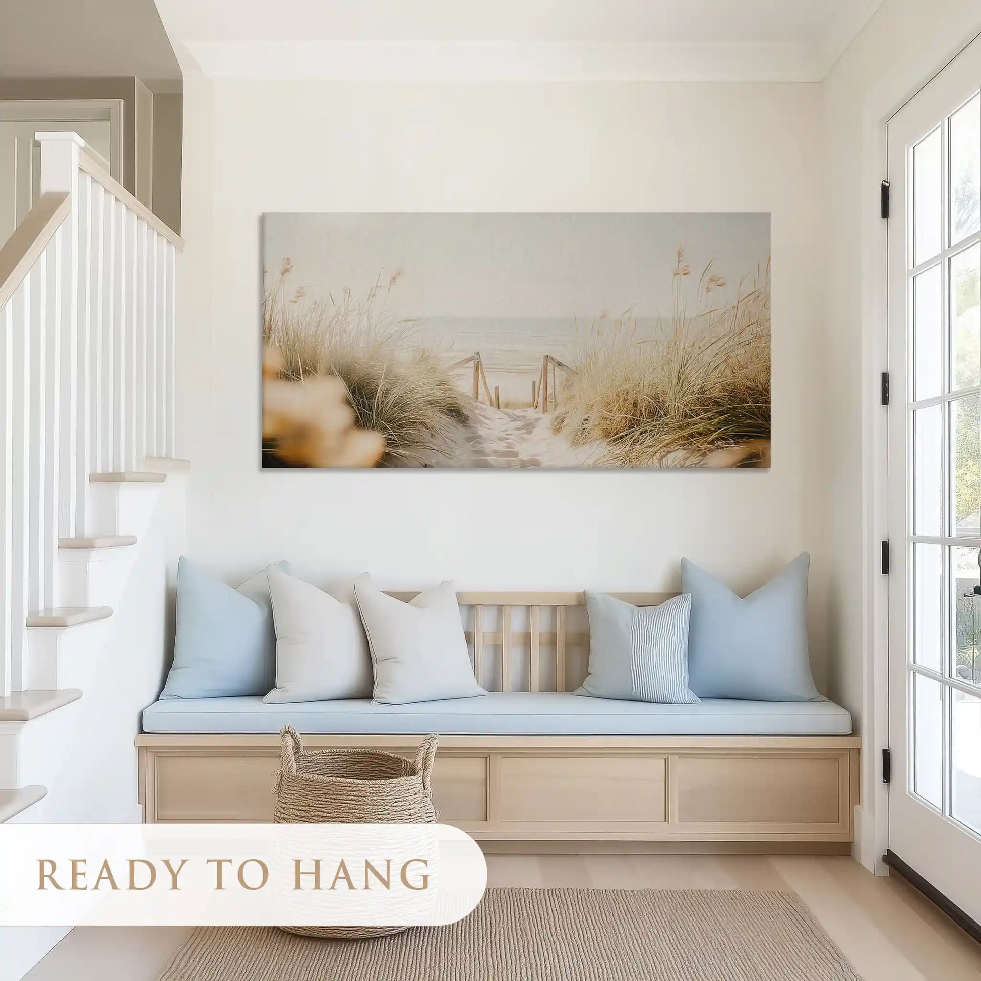 Oversized coastal dune canvas print styled as calming wall decor for homes