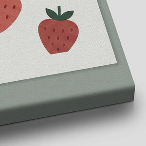 Playful canvas wall art with a repeating pattern of stylized strawberries on a soft white background and clean vector lines