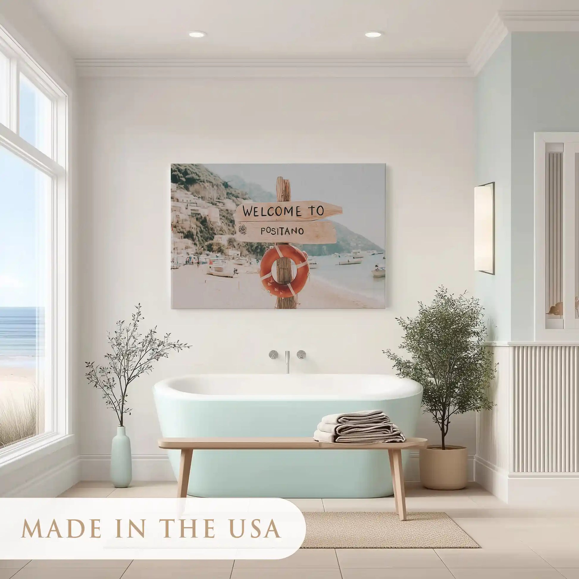 Nautical coastal canvas wall art highlighting rustic textures, ocean blues, and seaside cliffs