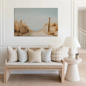 Large seaside path canvas print perfect for above sofa placement in airy rooms
