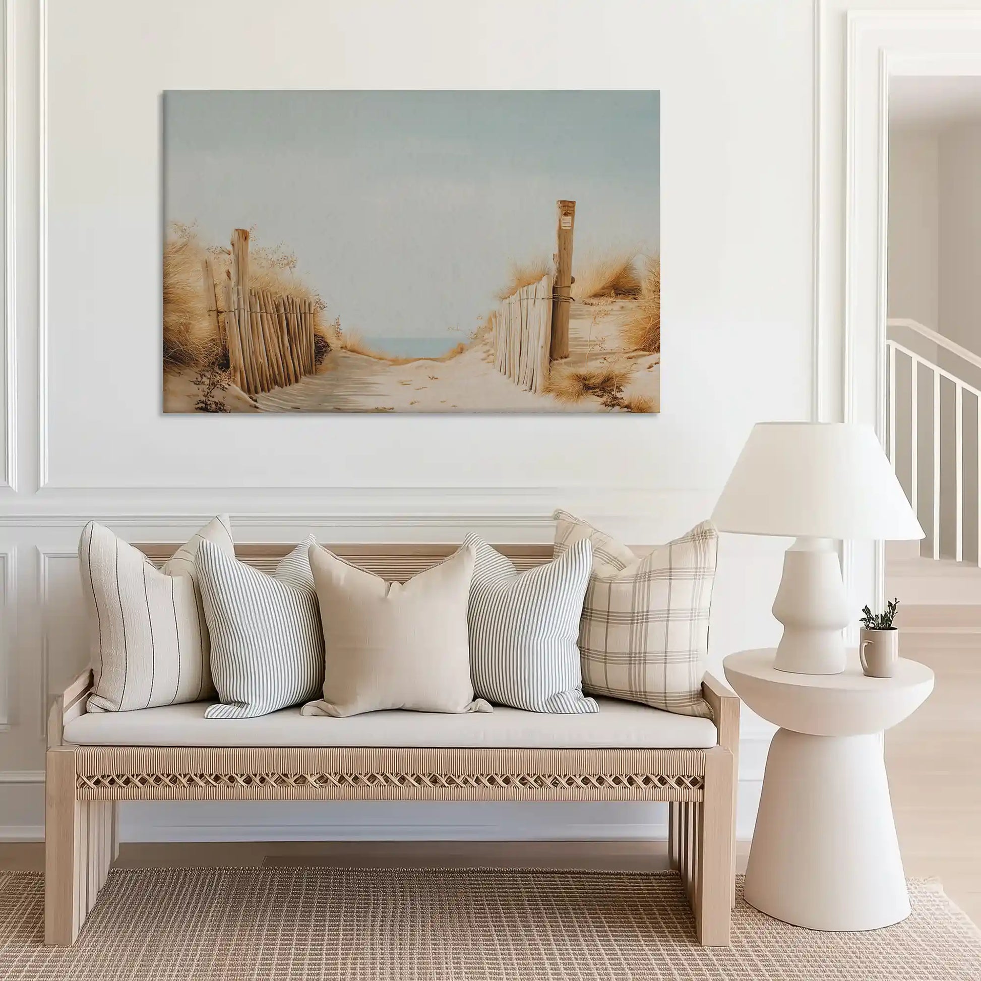 Large seaside path canvas print perfect for above sofa placement in airy rooms