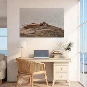 Neutral toned seaside canvas print featuring weathered driftwood on coastal bluff