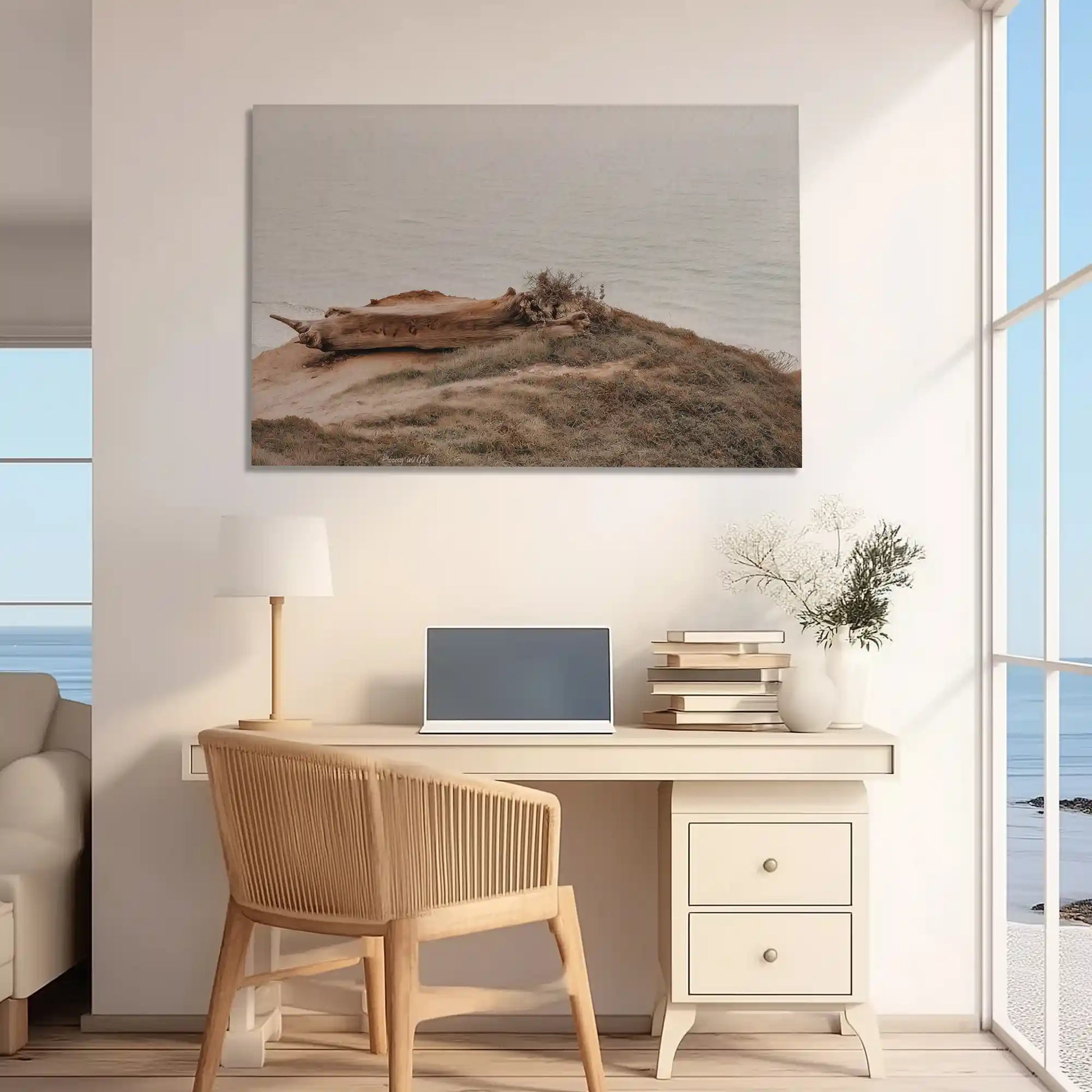 Neutral toned seaside canvas print featuring weathered driftwood on coastal bluff