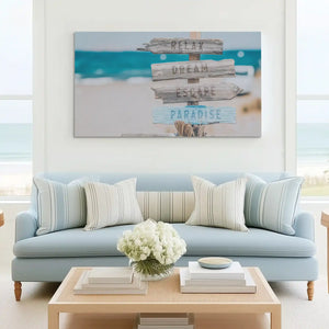 Tranquil seaside sign canvas wall art complementing coastal-inspired décor