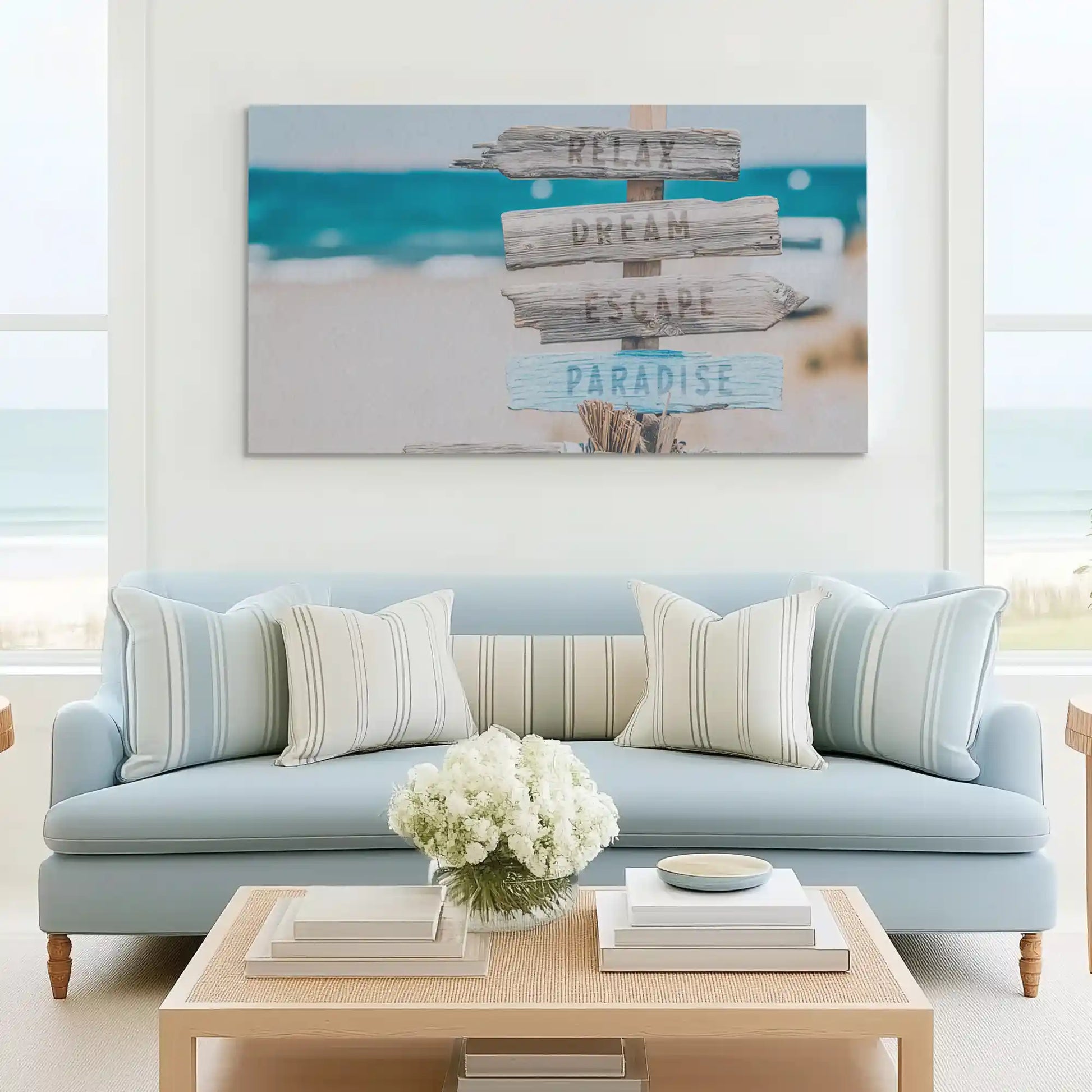 Tranquil seaside sign canvas wall art complementing coastal-inspired décor