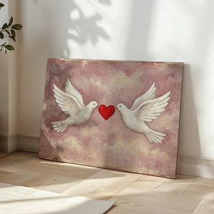 Painterly canvas print showing two doves facing each other with a red heart between them, set against a dreamy pink and beige sky.