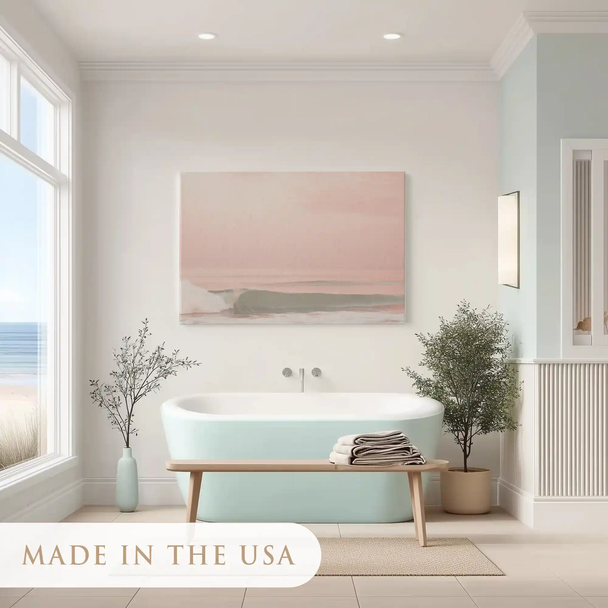 Peaceful shoreline painting adding warm coastal charm to contemporary interiors