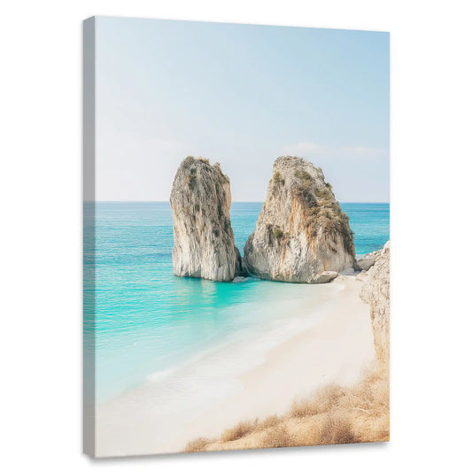 Coastal rock formation canvas wall art for bedroom with turquoise ocean and sandy shoreline