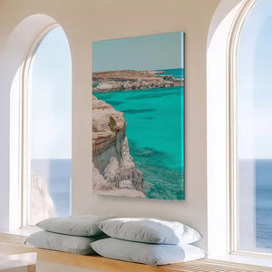 Large vertical cliffside ocean painting perfect for enhancing contemporary living room walls