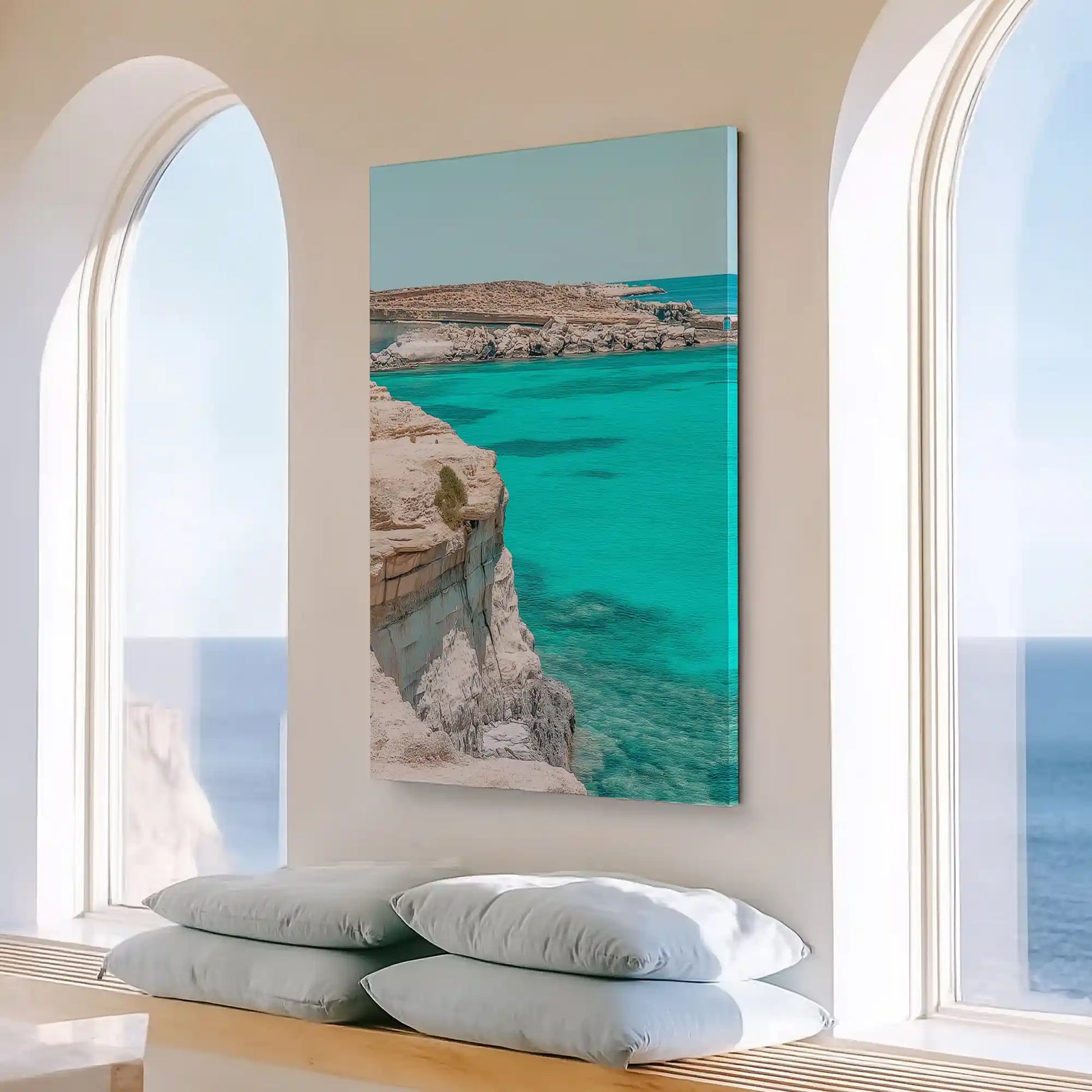 Large vertical cliffside ocean painting perfect for enhancing contemporary living room walls