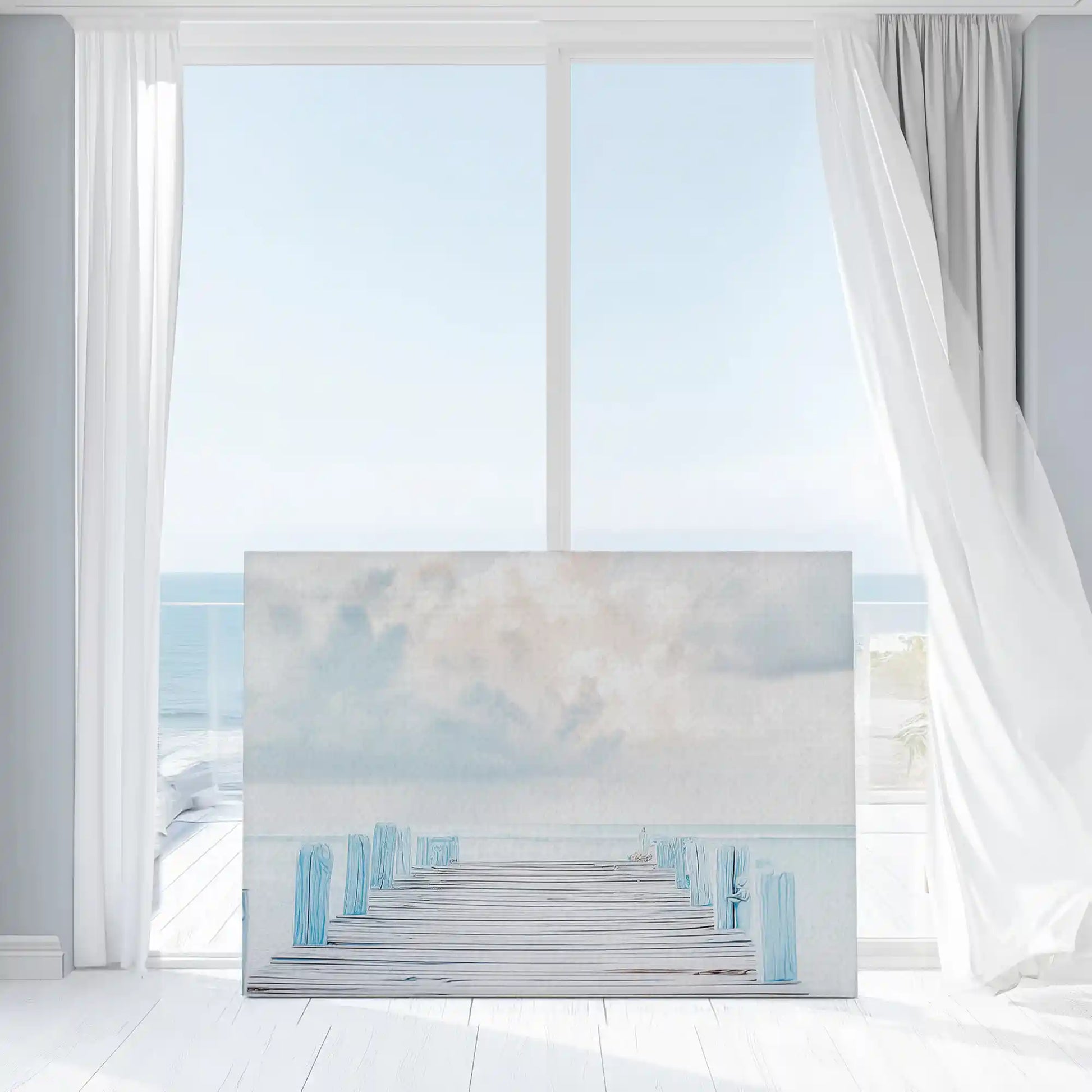 Large coastal canvas print of seaside pier with gentle waves and pastel sky tones