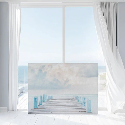Large coastal canvas print of seaside pier with gentle waves and pastel sky tones