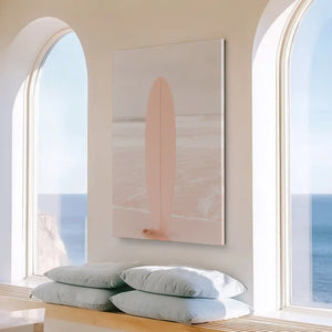 Large pastel surfboard painting perfect for bright bedroom wall decor