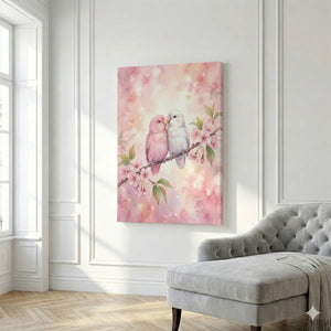 Vertical canvas art showing two birds in a centered composition amid pink blossoms, ideal for romantic bedroom decor.