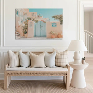 Seaside village canvas wall decor in pastel peach and aqua hues for modern interiors