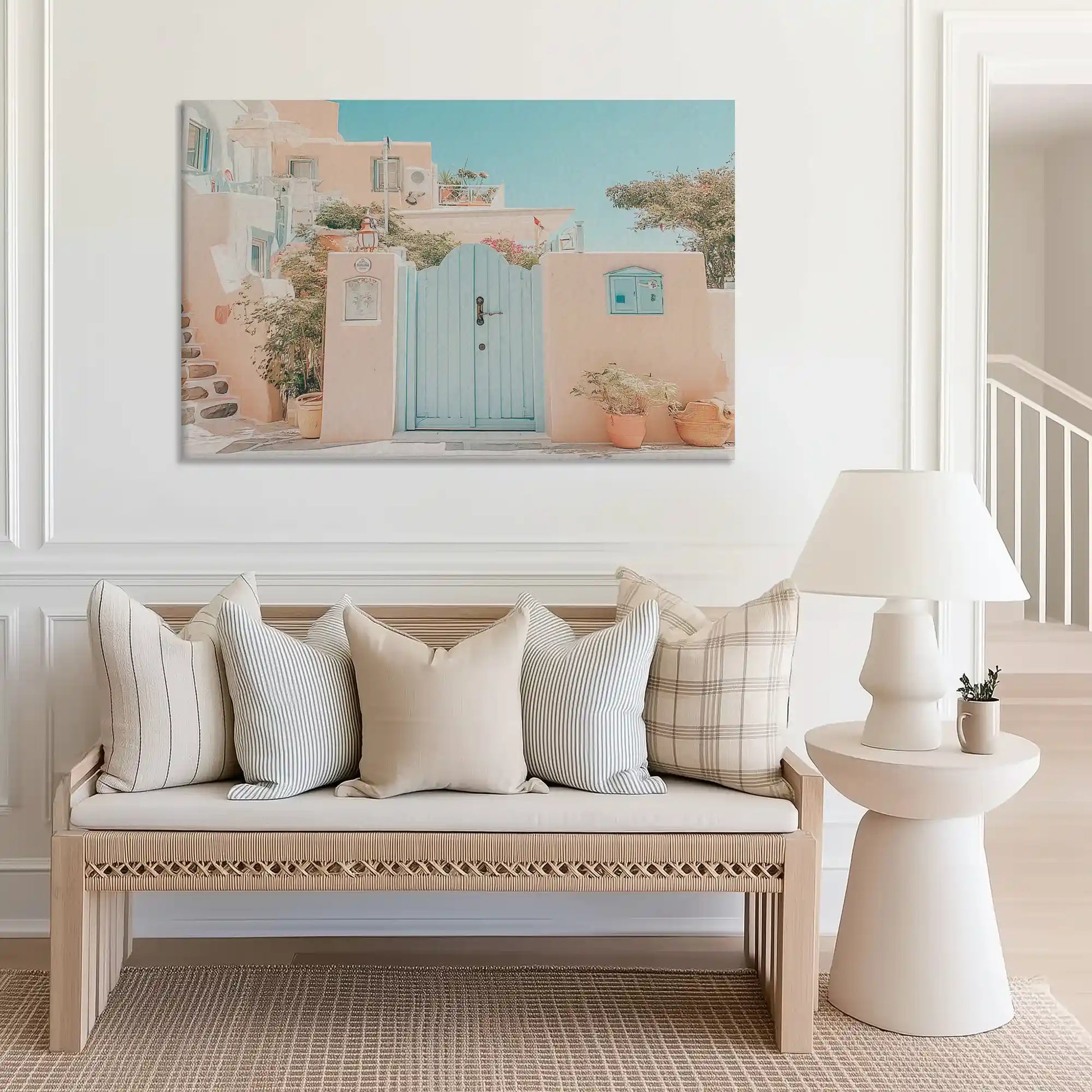 Seaside village canvas wall decor in pastel peach and aqua hues for modern interiors