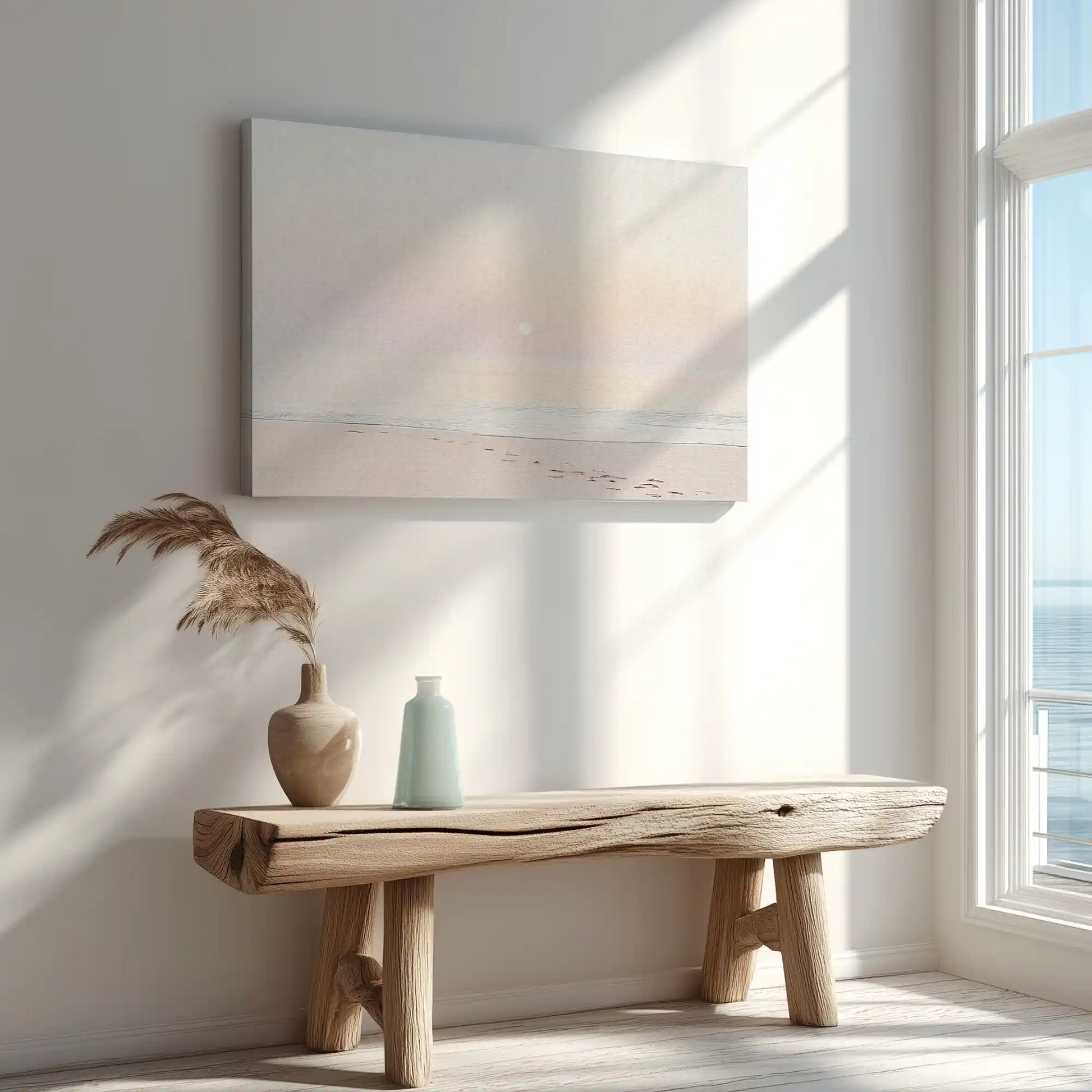 Minimalist beach painting captured in canvas art with soft pastel tones