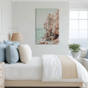 Tranquil rustic cliffside canvas art complementing neutral coastal-inspired home decor