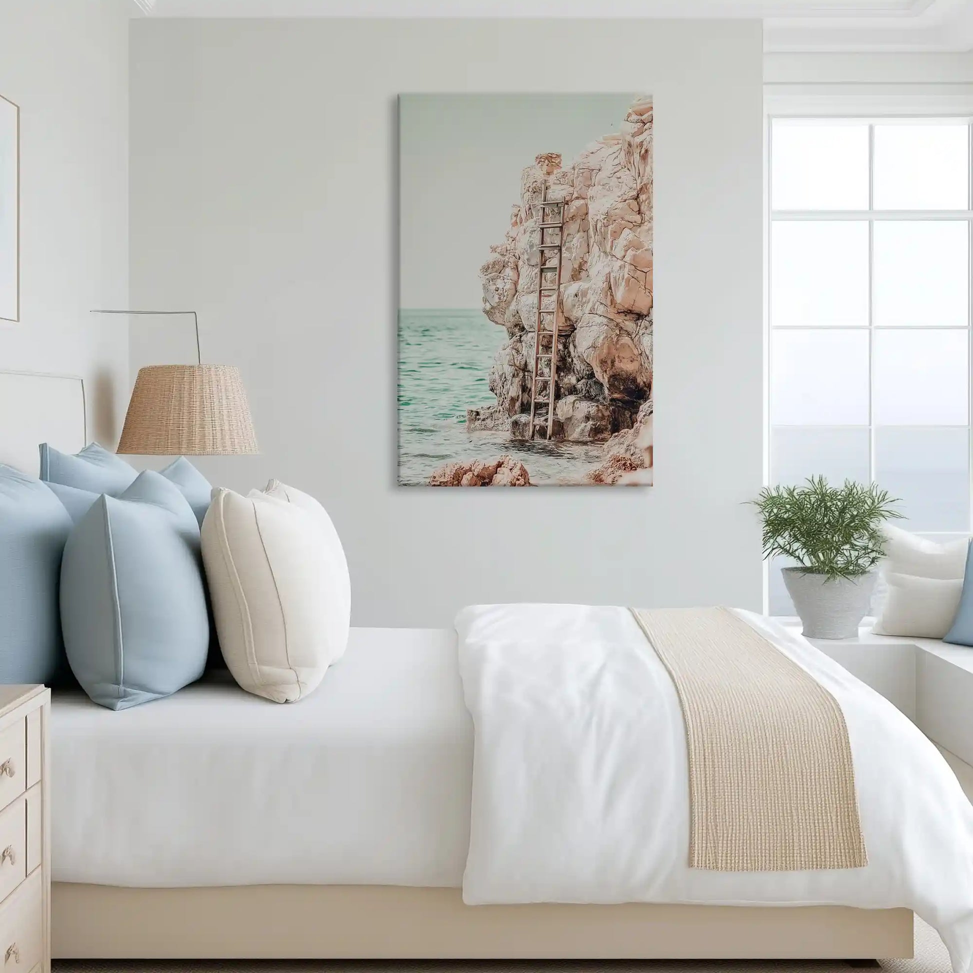 Tranquil rustic cliffside canvas art complementing neutral coastal-inspired home decor