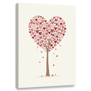 Minimalist canvas wall art featuring a whimsical tree with red and pink heart-shaped leaves forming a large heart shape.