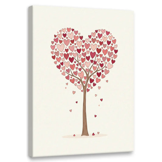Minimalist canvas wall art featuring a whimsical tree with red and pink heart-shaped leaves forming a large heart shape.