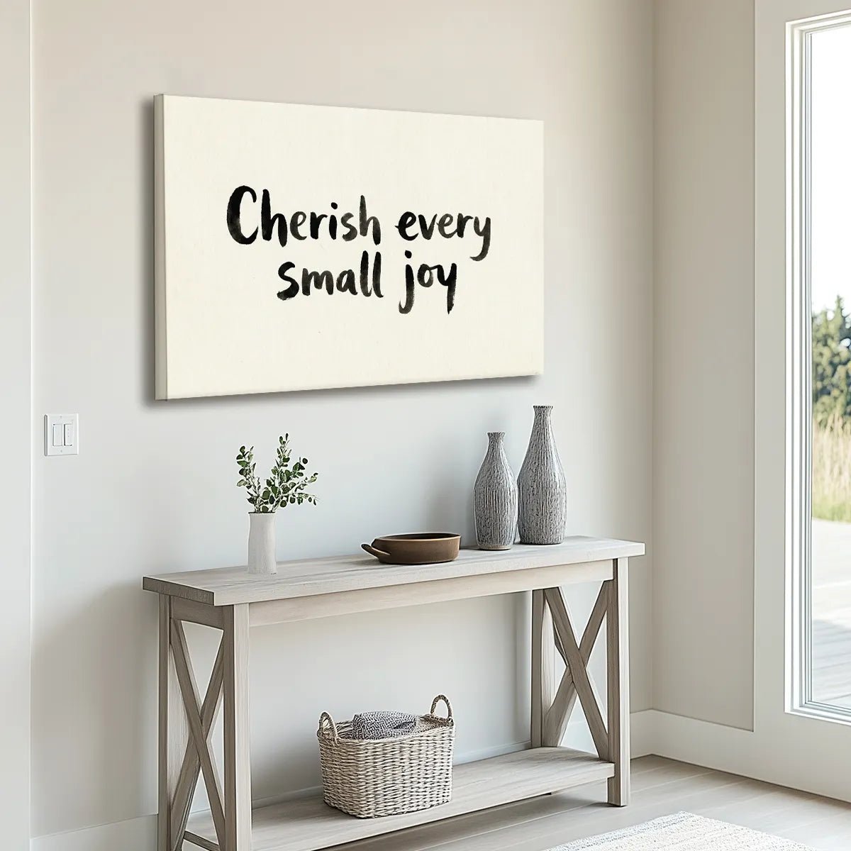 Bold black text reading 'Cherish every small joy' centered on off-white canvas wall art with no additional graphics