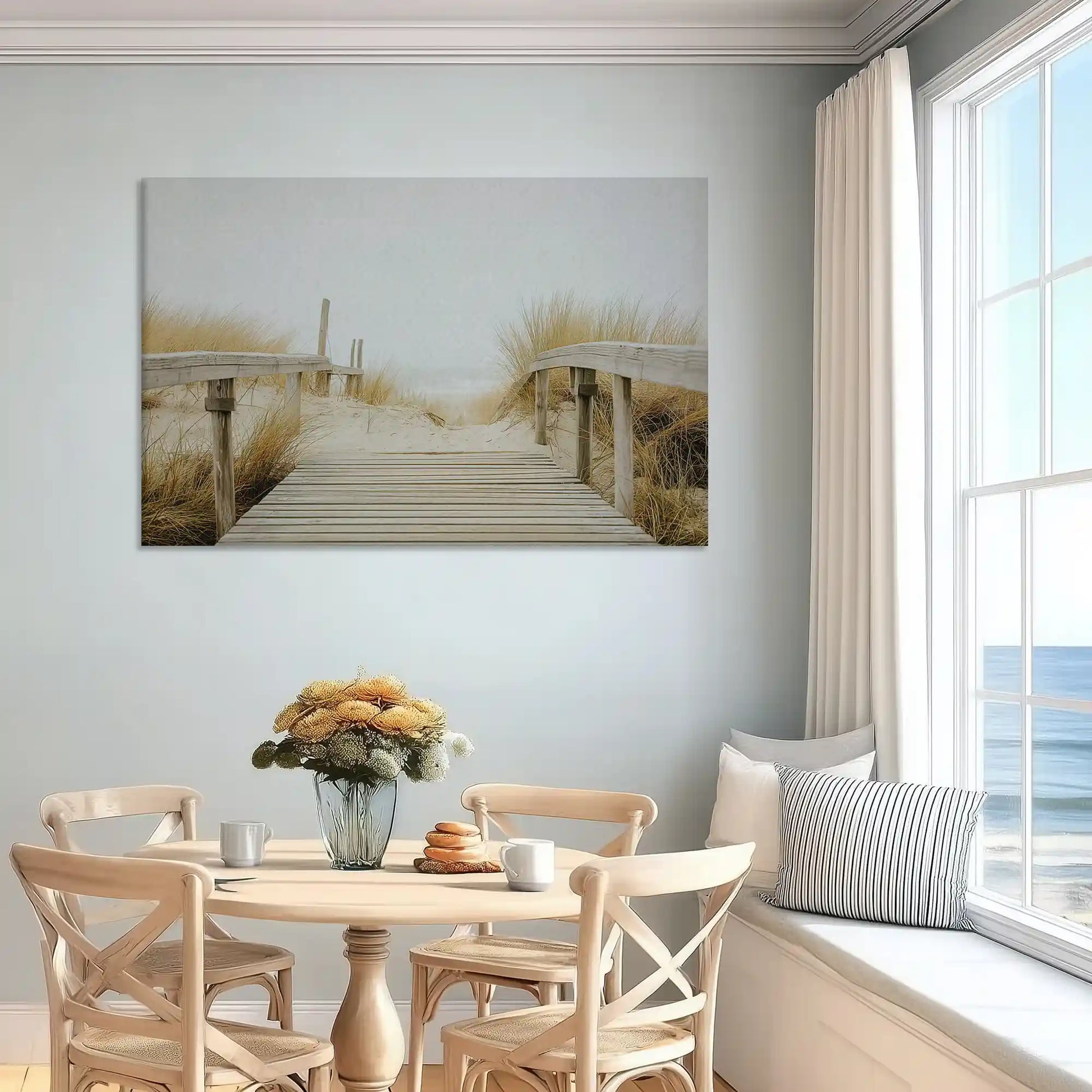 Oversized boardwalk canvas wall art enhancing bright contemporary sofa backdrop