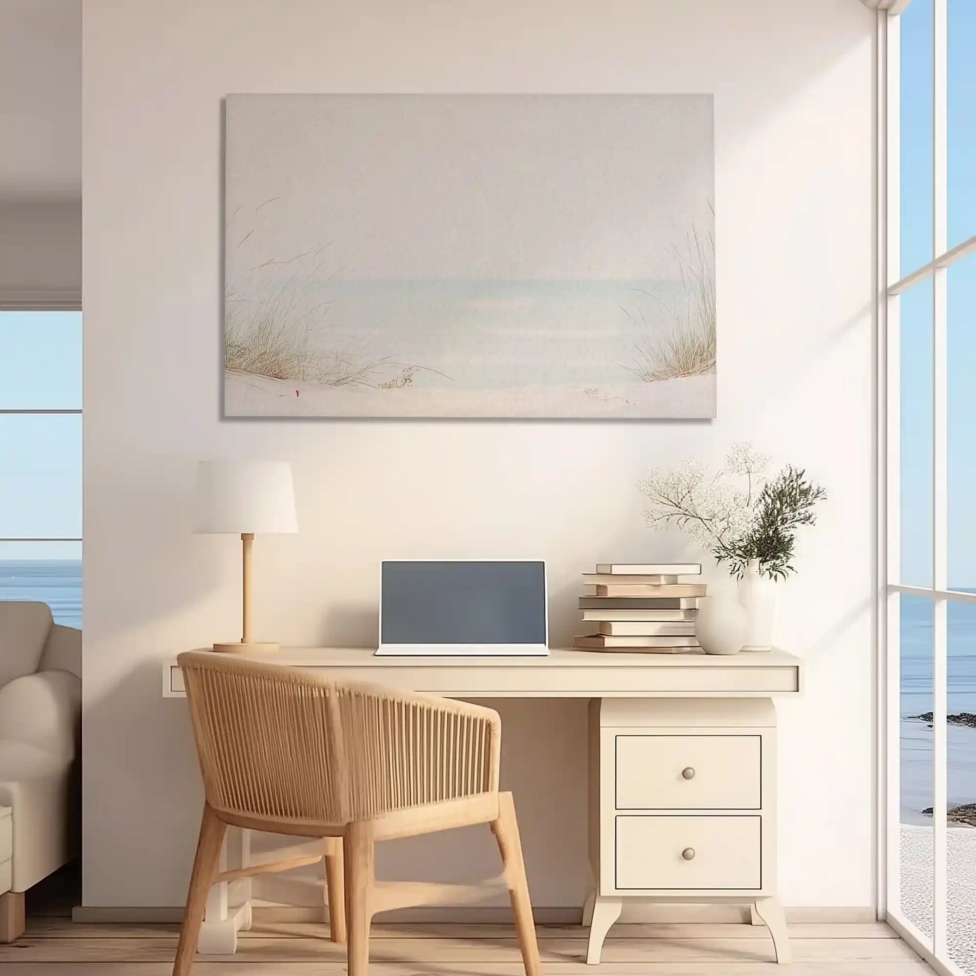 Coastal wall decor canvas print with serene horizon and minimalist beach atmosphere