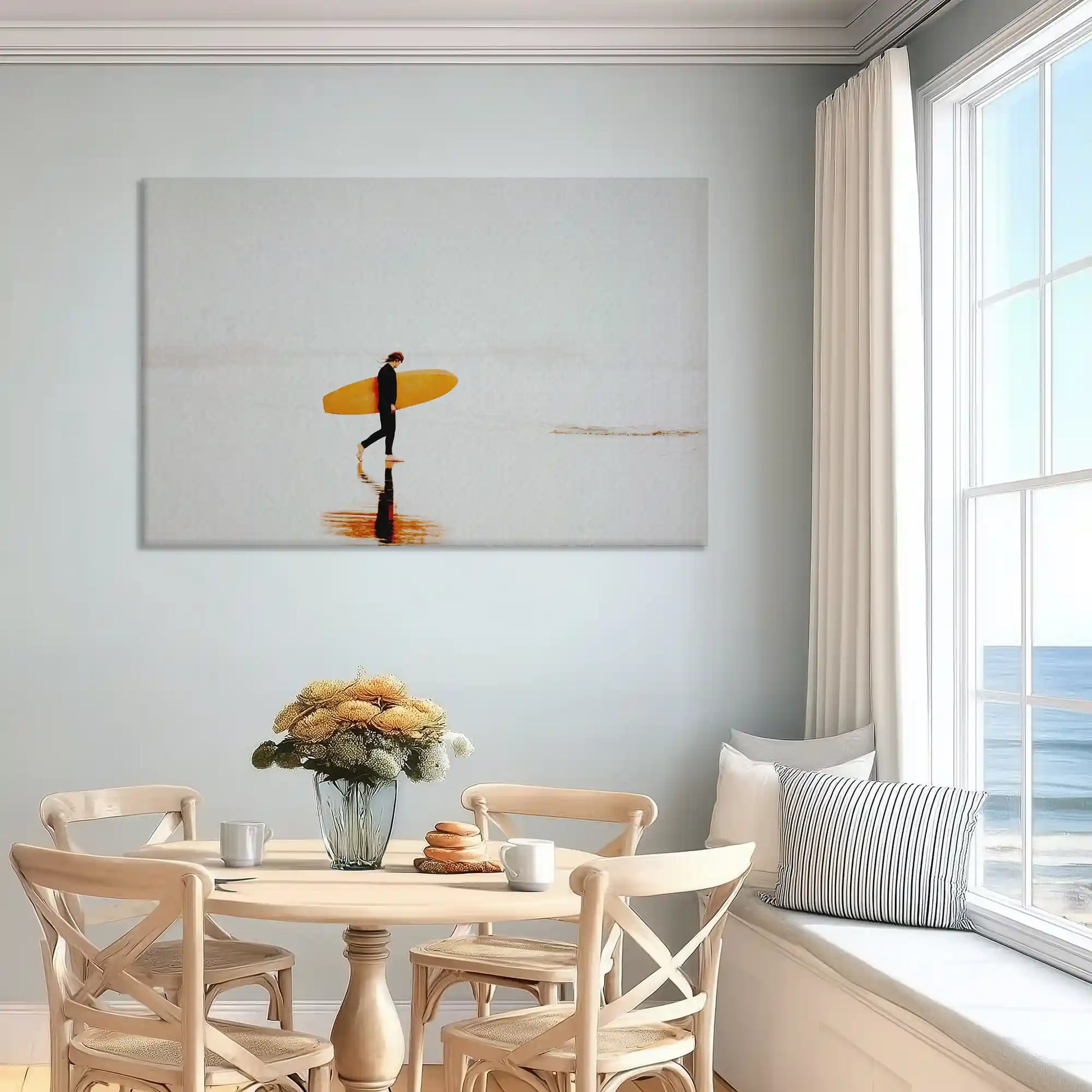 Oversized surfer canvas wall art enhancing bright contemporary sofa backdrop