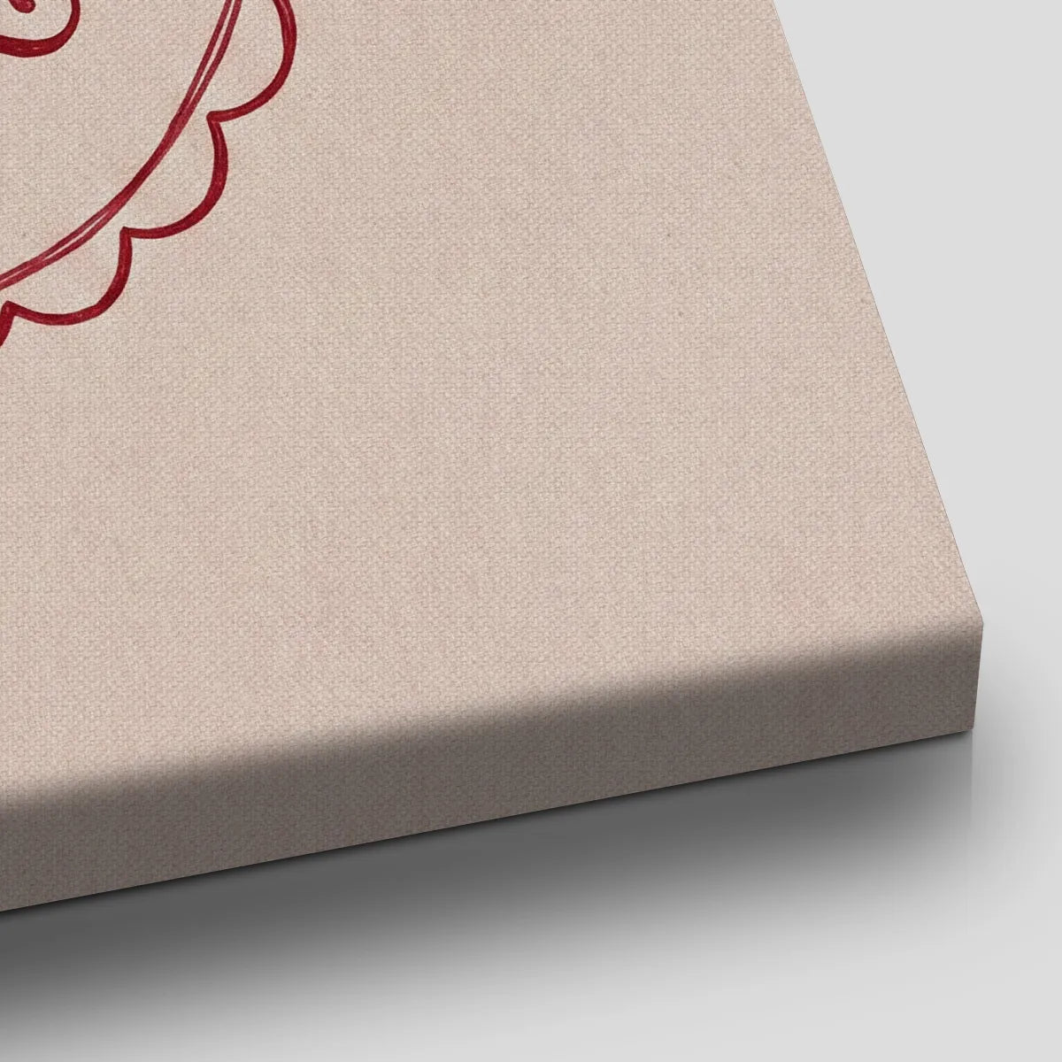 Modern canvas art showcasing smooth red typography within a classic scalloped oval, evoking a romantic mood