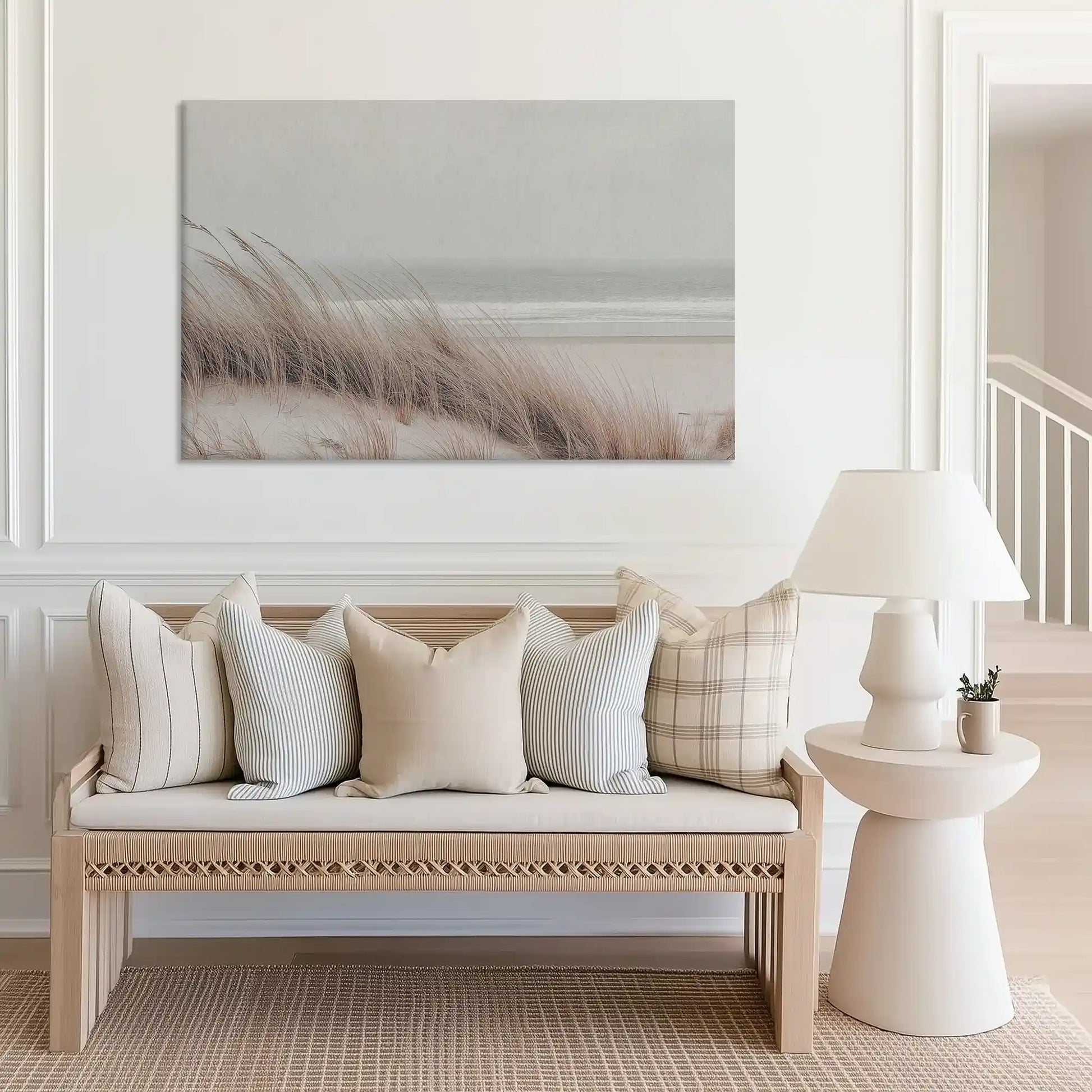 Large coastal horizon canvas print perfect for above sofa placement in airy rooms