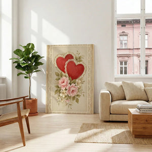 Modern canvas art with a delicate rendering of romantic symbols including red hearts, lace, and pastel roses on a beige background.