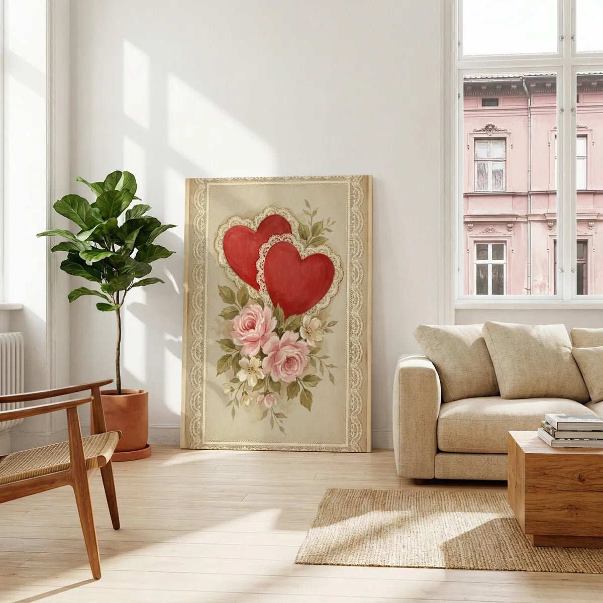 Modern canvas art with a delicate rendering of romantic symbols including red hearts, lace, and pastel roses on a beige background.