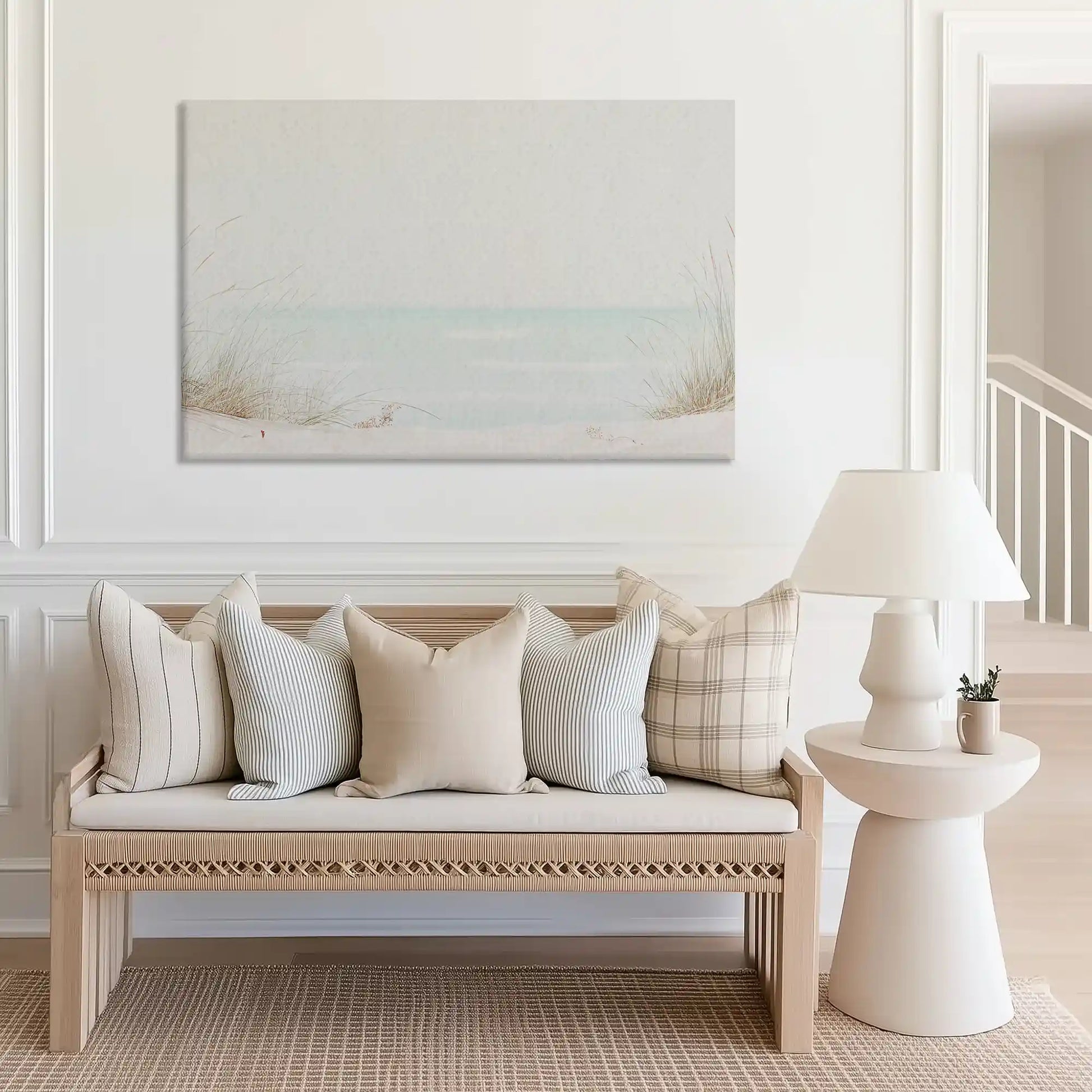 Large coastal canvas art of calm beach dunes, ideal for modern living room decor