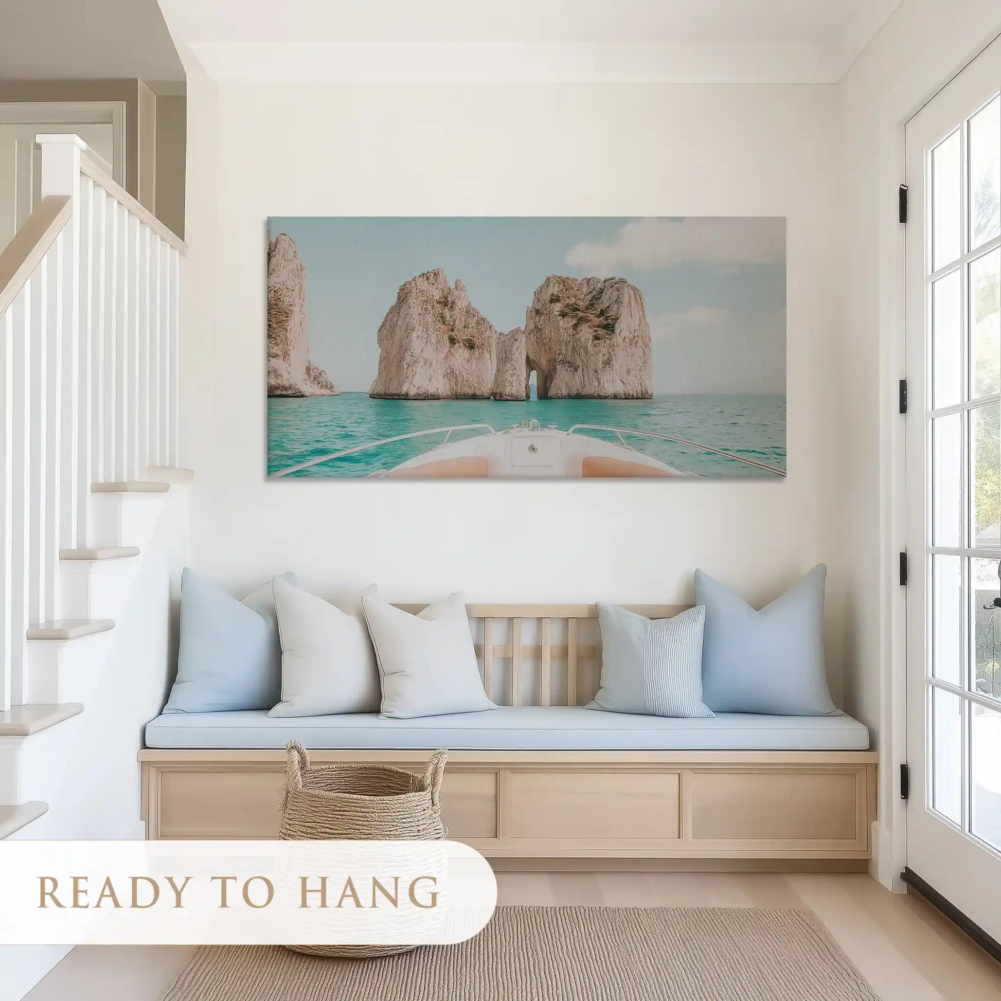Rustic Mediterranean coastal wall art canvas with dramatic sea rocks and soft sky tones