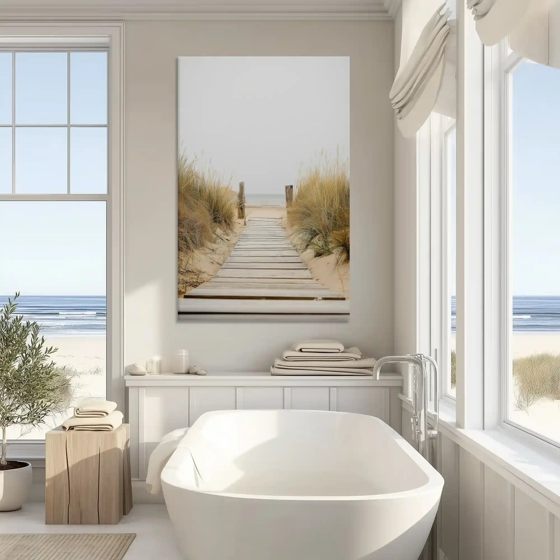 Muted coastal walkway canvas print enhancing contemporary spaces