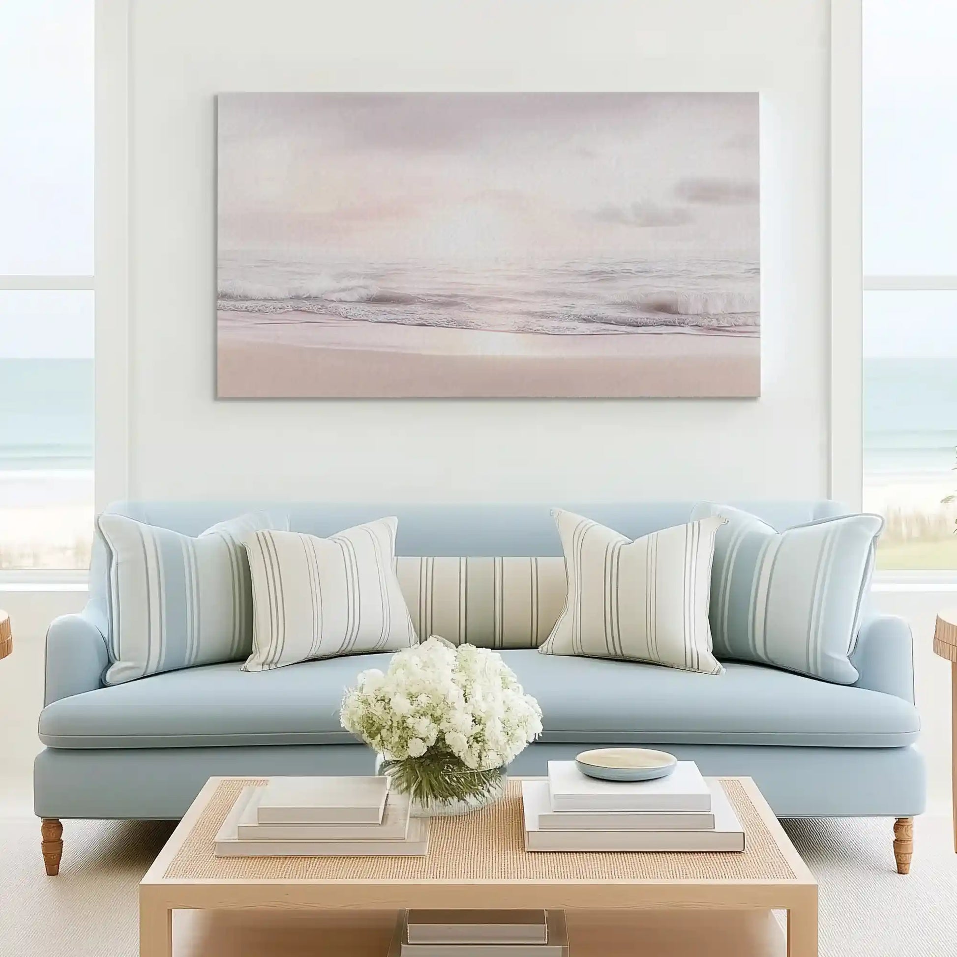 Large ocean wave canvas print perfect for above sofa placement in airy rooms