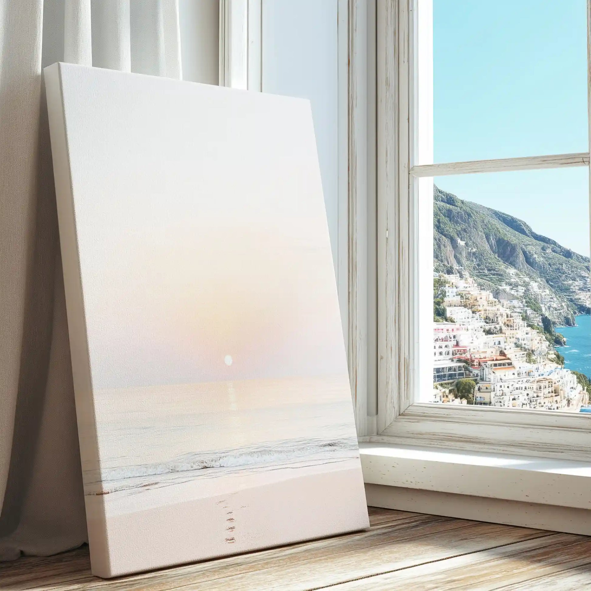 Sunrise over gentle waves captured in a coastal canvas print with soft minimalist style