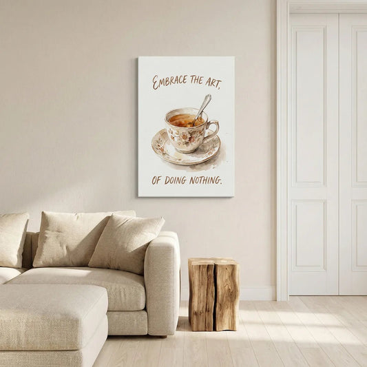 Canvas wall art showing a centered floral teacup and saucer with soft watercolor tones and calming vintage text above and below.