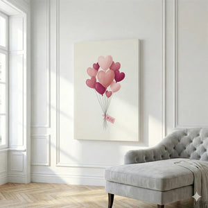 Fine art canvas showing a cheerful arrangement of pastel heart balloons with a LOVE tag, rendered in a soft digital style.