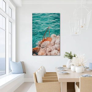 Peaceful seaside ladder painting with natural textures, ideal for dining room or beach home