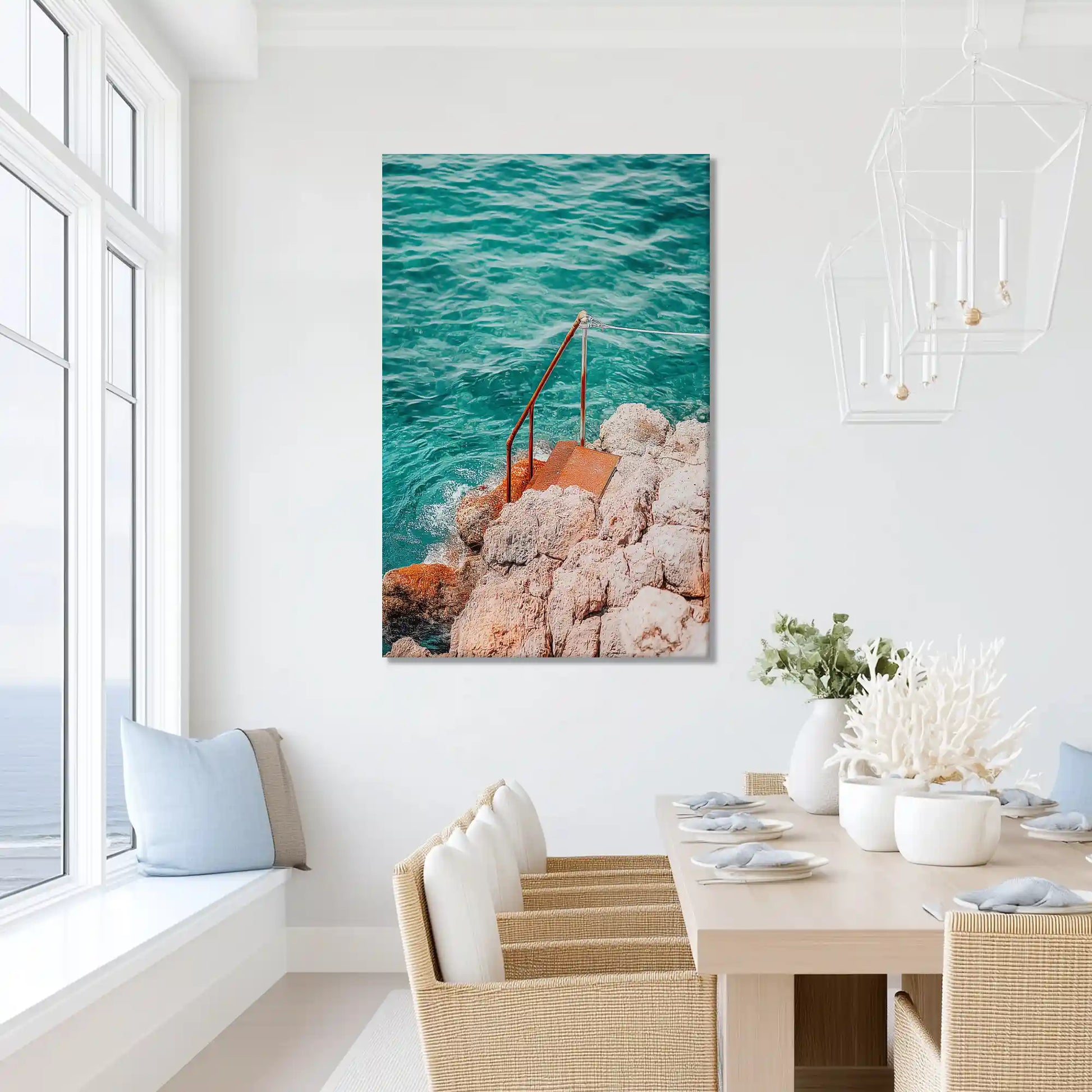 Peaceful seaside ladder painting with natural textures, ideal for dining room or beach home