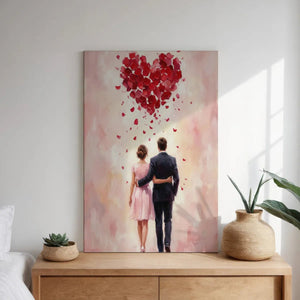 Modern canvas art capturing a dreamy romantic moment with a couple walking arm-in-arm under a symbolic heart of rose petals