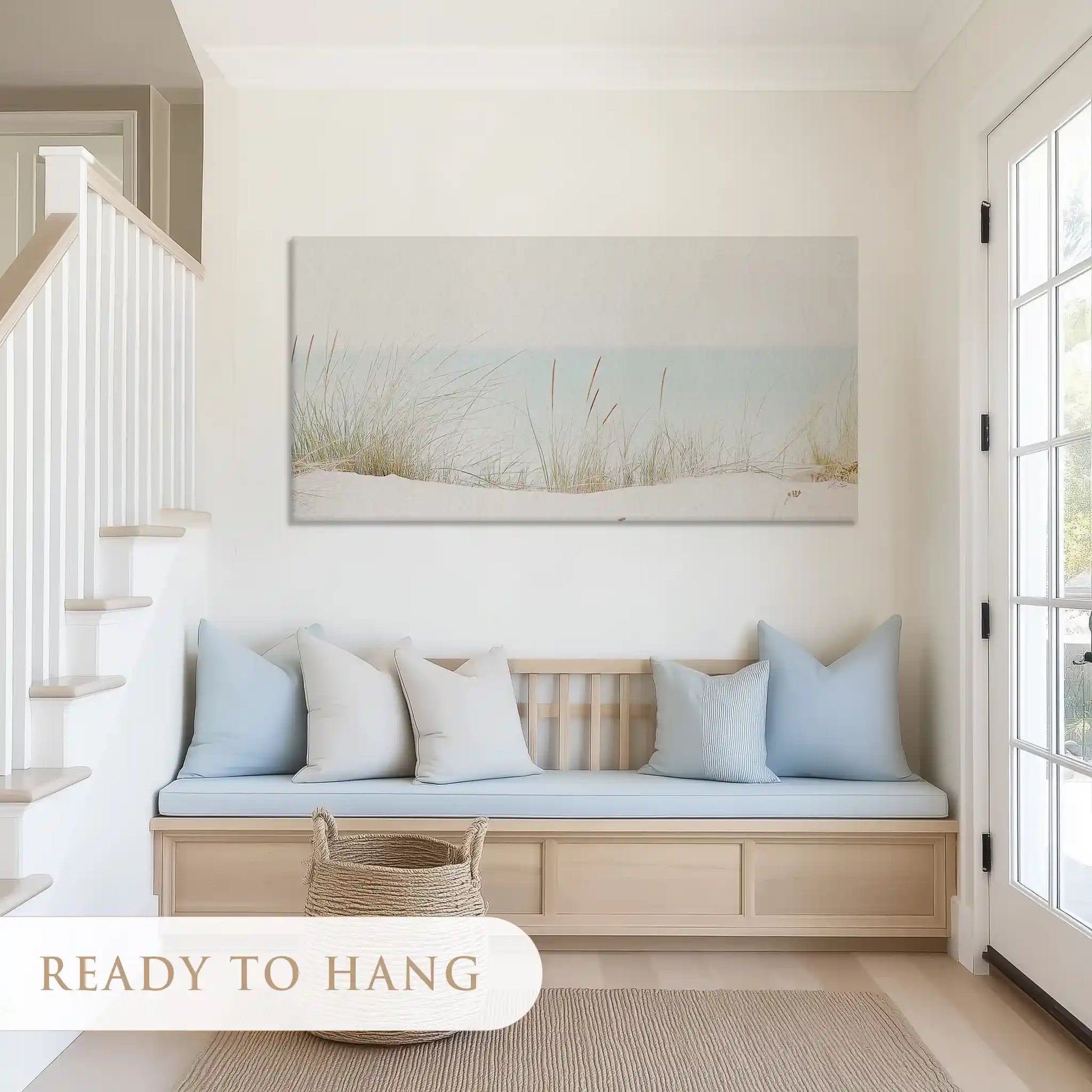 Calm shoreline canvas art with muted tones for airy and minimalist living room décor