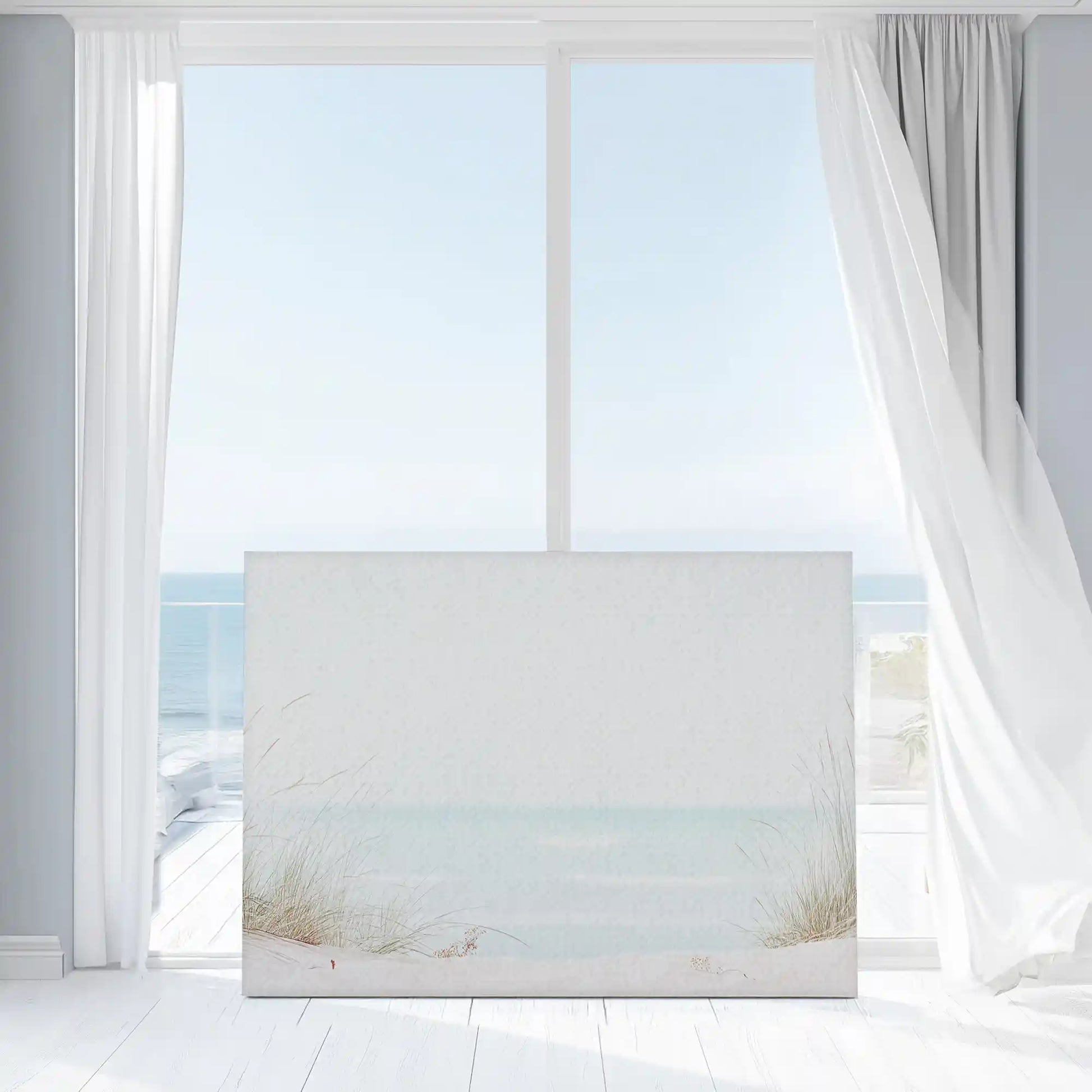 Minimalist seascape canvas print featuring sandy beach tones and light coastal textures